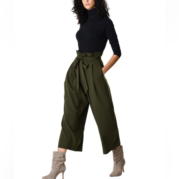 New Zapelle Paperbag waist woven twill palazzo pants Large/14 Loden Green - Picture 4 of 4